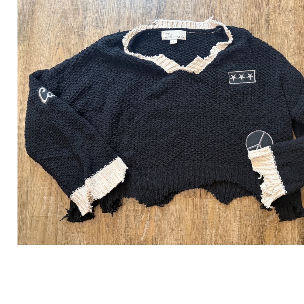 Vintage Havana Distressed Knit Sweater Black California Peace Patch Medium